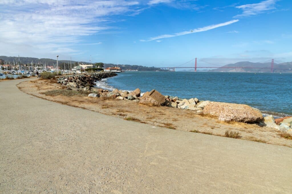 Peaceful walking path along the San Francisco Bay shoreline